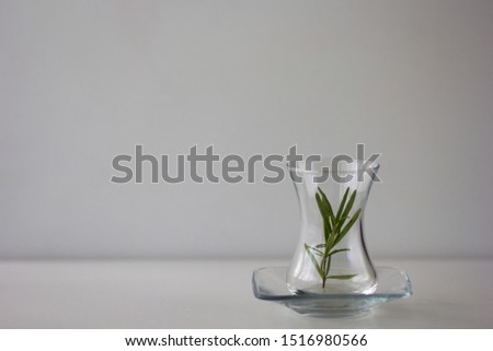 Empty Armudu tea glass with branch of rosemary in it on the white background Photo stock © 