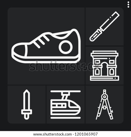 Set of 6 vintage outline icons such as sword, cutting, sneaker, compass, arch