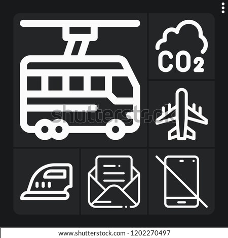 Set of 6 modern outline icons such as mail, co, ironing, aeroplane, trolleybus