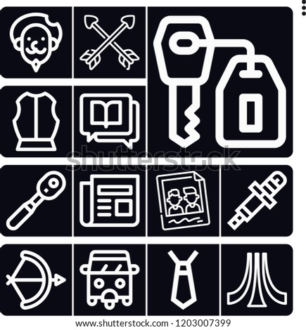 Set of 13 old outline icons such as armour, arch, rickshaw, atari, spark plug, wrench, literature, don quixote, memories, key, newspaper, crossed arrows