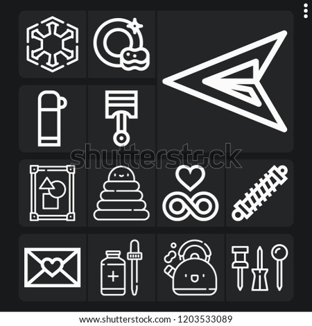 Set of 13 shiny outline icons such as push pin, pistons, dish, frame, shock absorber, sith, green arrow, thermo, teapot, eternity, drop, rings