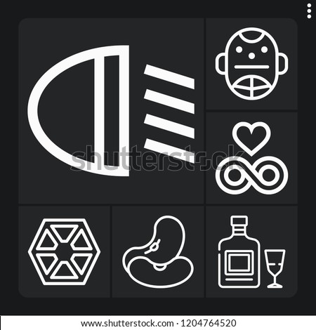 Set of 6 dark outline icons such as absinthe, beans, car light, sith, hockey mask