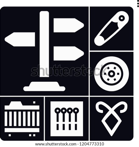 Set of 6 metal filled icons such as road sign, blade, brake disc, safety pin, pins