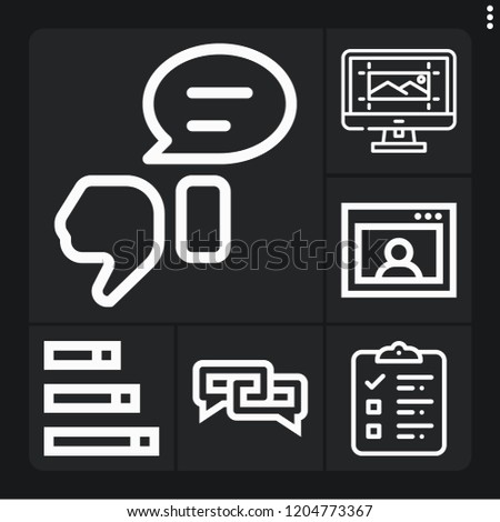 Set of 6 web outline icons such as checklist, computer, feedback, bar chart, chat