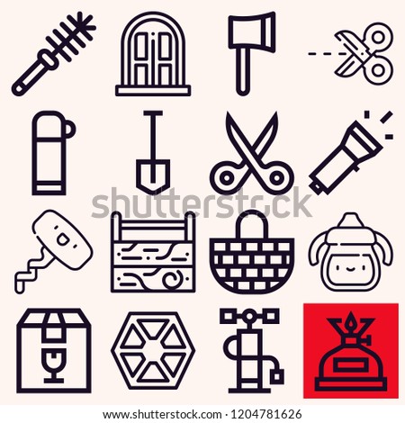 Set of 16 handle outline icons such as ax, toolbox, scissors, door, toilet brush, air pump, fragile, sith, basket, thermo, sippy cup, shovel, corkscrew, oil lamp