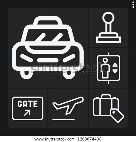 Set of 6 transportation outline icons such as gearshift, taxi, elevator, gate, luggage