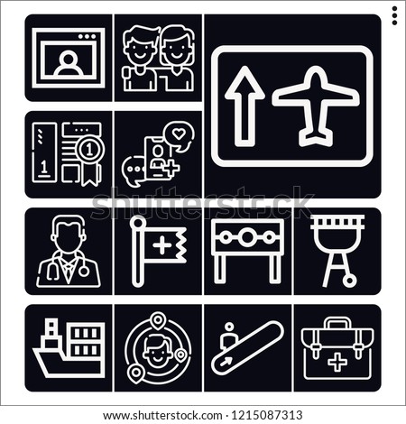 Set of 13 people outline icons such as christian, punishment, boat, airport, escalator, barbecue, best, doctor, social media, friends, skype