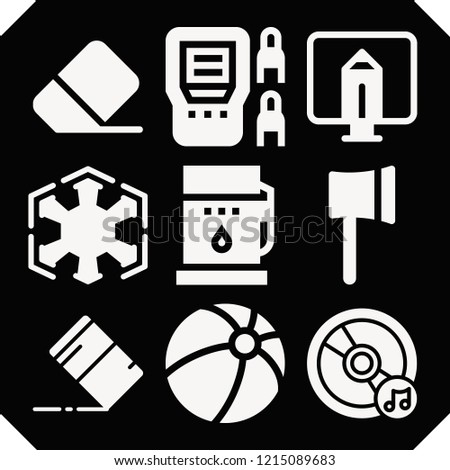 Set of 9 equipment filled icons such as ax, compact disc, eraser, fuel, sith, monitor, voltmeter