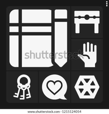 Set of 6 hand filled icons such as keys, punishment, sith, sketch, heart