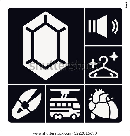 Set of 6 line filled icons such as heart, hanger, trolleybus, zelda, sound