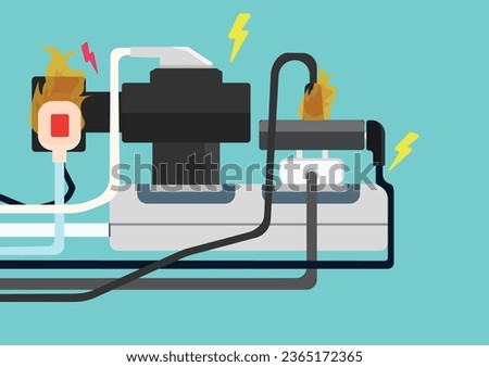 Dangerous! Overload electricity on steckers, may short circuit and fire. Cause Vector illustration. Safety poster.