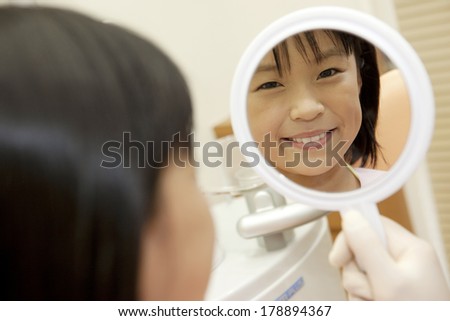 Japanese girl in a mirror after the treatment