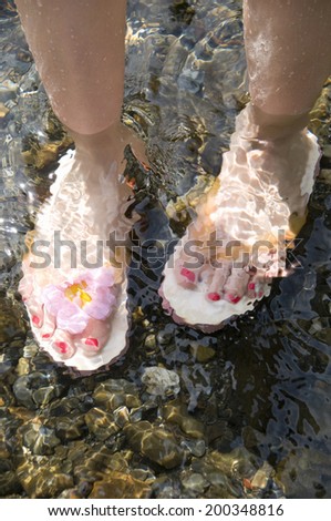 Feet Wearing Flip-Flops In The Water