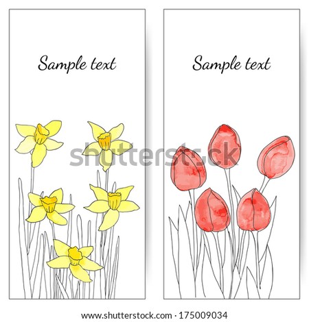 Vector cards with spring flowers (tulips and daffodils). Wedding invitation. Vector floral illustration.