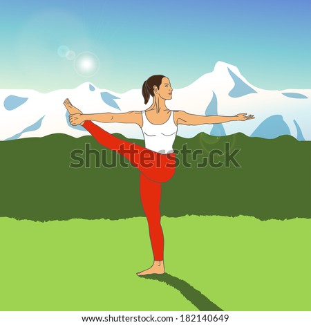 Girl in yoga pose on a background of mountains. Yoga illustration. Woman is doing yoga on the green grass on a background of dark green hills. Illustration in green, blue, white, red colors.