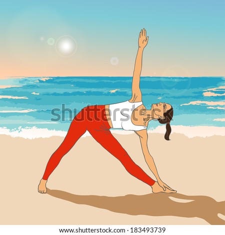 Girl in yoga\'s asana on the beach (triangle asana). Yoga illustration. Woman makes exercises on a sea background. Yoga on the beach. Sunset.