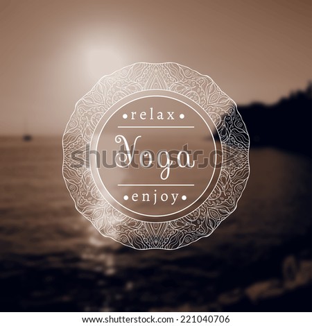 Vector yoga illustration. Name of yoga studio on a black and white background. Yoga class motto. Yoga sticker. Yoga exercises, recreation, healthy lifestyle. Poster for yoga class with a sea view.
