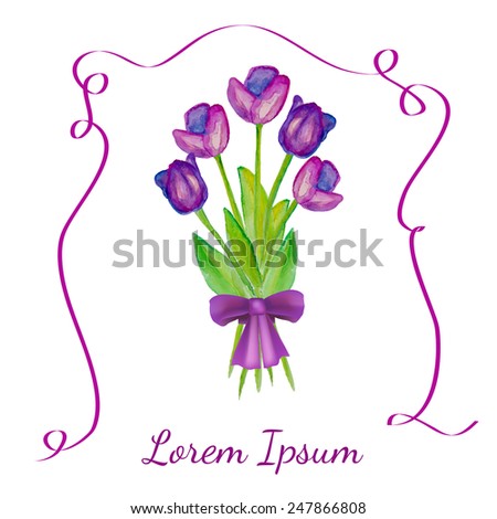 Vector flowers. Purple tulips with a purple bow. Tulips bouquet with violet ribbon. Spring flowers. Easter flowers. Wedding bouquet. Card with violet watercolor tulips.