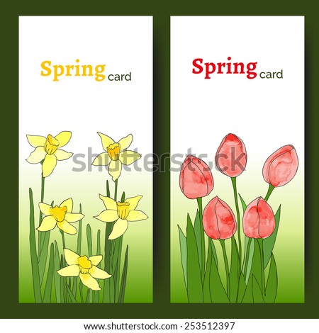 Vector cards with spring flowers (tulips and daffodils). Wedding invitation. Easter card. Vector floral illustration. Templates with spring flowers. Flowers with watercolor texture and black contour.
