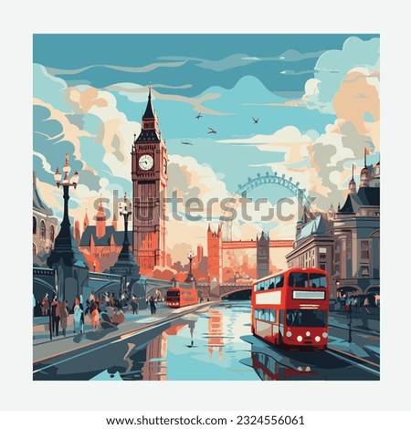 UK London bridge clock and bus vector illustration
