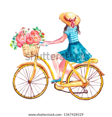 Watercolor hand painted girl is riding her yellow bicycle. Manual graphics of bike with basket full of pink flowers. Spring and summer illustration for cards design, banners, ad, blogs, covers.