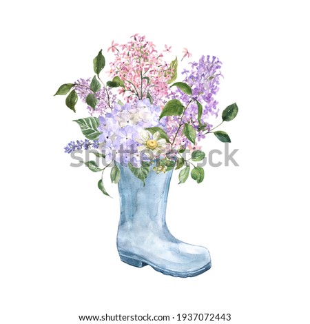 Watercolor floral bouquet in a blue garden boot. Beautiful lilac flowers, hydrangea, greenery. Hand painted summer or spring themed illustration for cards, greetings, invitations. 