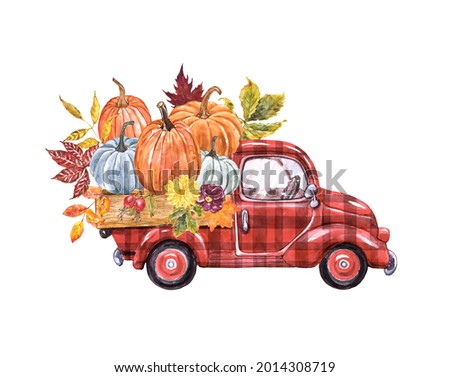 Red buffalo plaid truck with pumpkins. Hand painted watercolor illustration. Vintage cartoon car and fall seasonal vegetables and leaves. Thanksgiving decor.