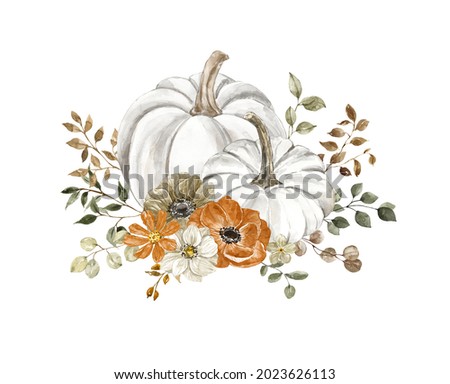 Watercolor floral pumpkins composition. Pastel pumpkin and flowers arrangement in rustic style. Rust and burnt orange flowers, fall foliage and leaves bouquet. Autumn invitation template.