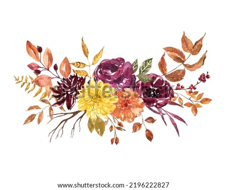 Fall floral arrangement with yellow, burgundy, orange flowers and leaves. Autumn watercolor illustration. Botanical painting. ストックフォト © 