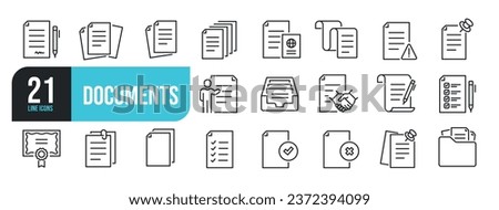Set of line icons related to documents, contract, passport, resume, archive. Outline icons collection. Vector illustration.
