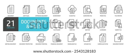 Set of line icons related to document, file, archive, paper. Outline icons collection. Editable stroke. Vector illustration.