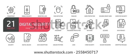 Set of line icons related to security, protection, access, lock, key. Outline icons collection. Vector illustration.