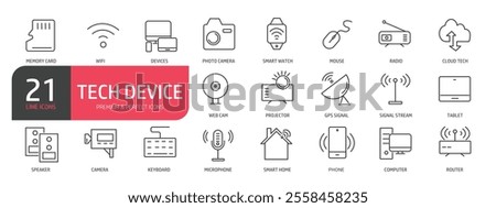 Set of line icons device and technology web. Computer monitor, smartphone, tablet and laptop. Outline icons collection. Vector illustration. stock illustration