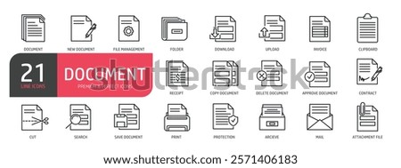 Set of line icons related to documents, contract, files, invoice, folder. Outline icons collection. Vector illustration.