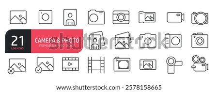 Set of line icons picture, camera, photo, video, webcam. Outline icons collection.  Vector illustration. stock illustration