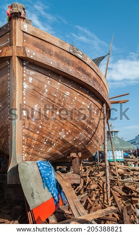 Shipyards and ship building and repairing wooden boats painted.