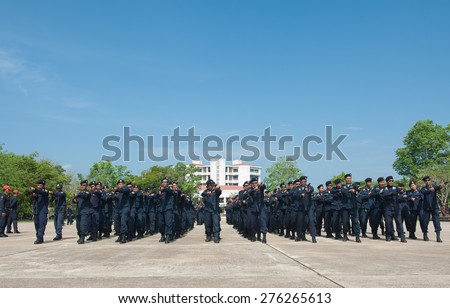 SURATTHANI THAILAND- Apr 27: Polices practice riot controlling using a shield and a truncheon at police training academy. Apr 27,2015 in suratthani province,Thailand
