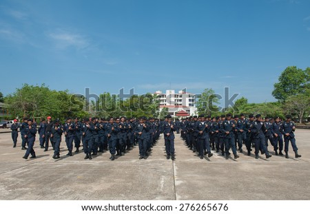 SURATTHANI THAILAND- Apr 27: Polices practice riot controlling using a shield and a truncheon at police training academy. Apr 27,2015 in suratthani province,Thailand