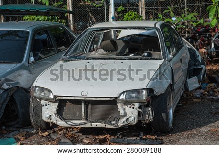 SURAT THANI THAILAND- May 16: Vehicle from accident  and vehicle property in dispute are hoarded together .At the police station on May 16, 2015 in Surat thani province,Thailand