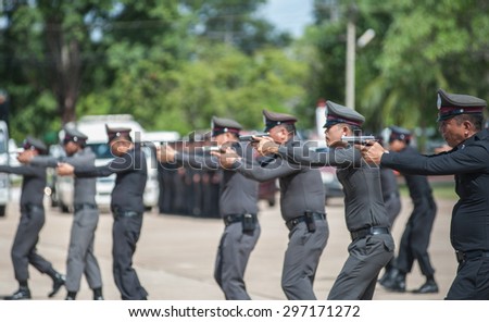 SURATTHANI THAILAND- Jul 13: Polices practice riot controlling using a shield and a truncheon training tactical differentat police training academy. Jul 13, 2015 in suratthani province,Thailand