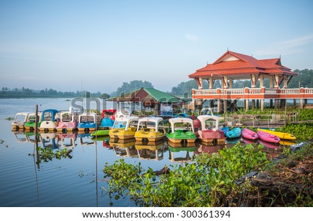 Suratthani,Thailand, July 27,2015:Kayaks and water bikes available to ride in the lake for exercise and recreation.