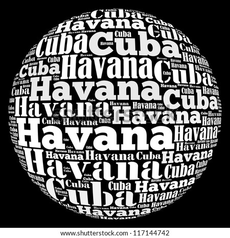 Havana capital city of Cuba info-text graphics and arrangement concept on black background (word cloud)