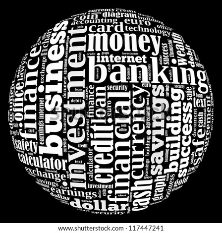Banking info-text graphics and arrangement concept on black background (word cloud)