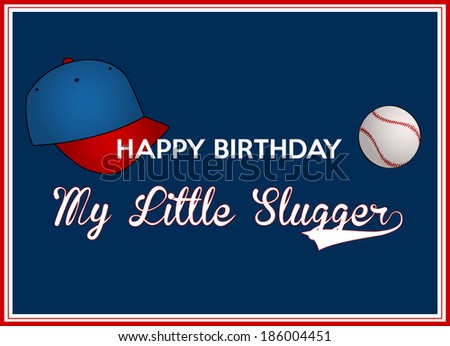 birthday greeting card for a little slugger with baseball hat and ball on blue navy background