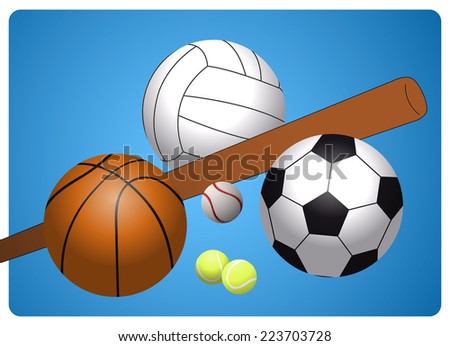 set of different sports equipment, soccer ball, basketball, volleyball, tennis balls and baseball with bat on a blue background