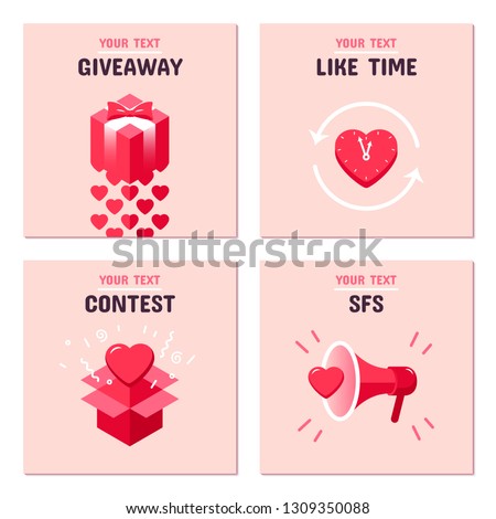 Symbols for online promotion in social networks with the image of red gift box, horn and heart-shaped clock for St. Valentine's Day