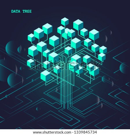 Neon luminous isometric data tree demonstrates the high technology of the future