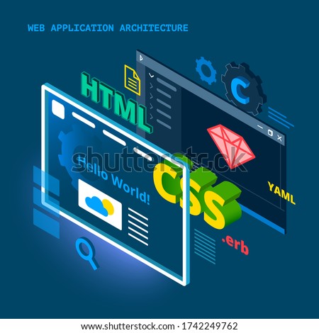 Web application architecture using programming on Ruby, HTML, CSS in computer screen