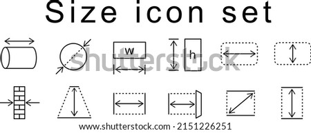 Set of icons with sizes. The set includes icons indicating the width, depth, height, wall thickness, diameter and diagonal.