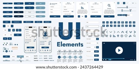 A set of modern web interface elements designed for the development and design of websites and mobile applications. Includes buttons, icons, menus, navigation elements and other components.